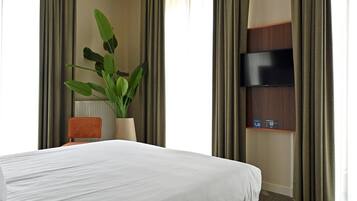A hotel room with a bed, a potted plant, a television, and a small table.