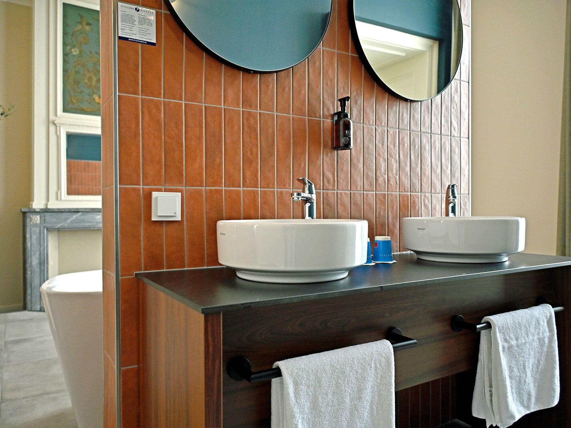 A bathroom with two sinks, a mirror, and a towel rack.