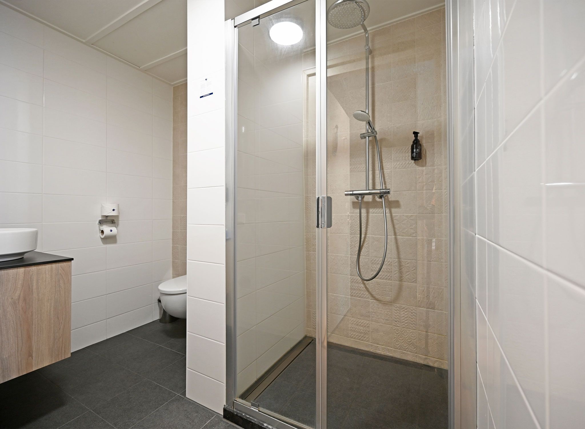 A modern bathroom with a glass-enclosed shower, a toilet, and a sink with a wooden countertop.