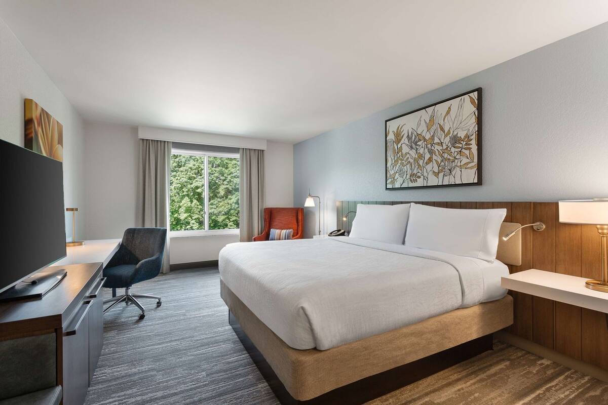 A hotel room with a bed, desk, chair, TV, and a window with a view of trees.