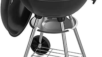 A portable barbecue grill with a lid, wheels, and a metal grate.
