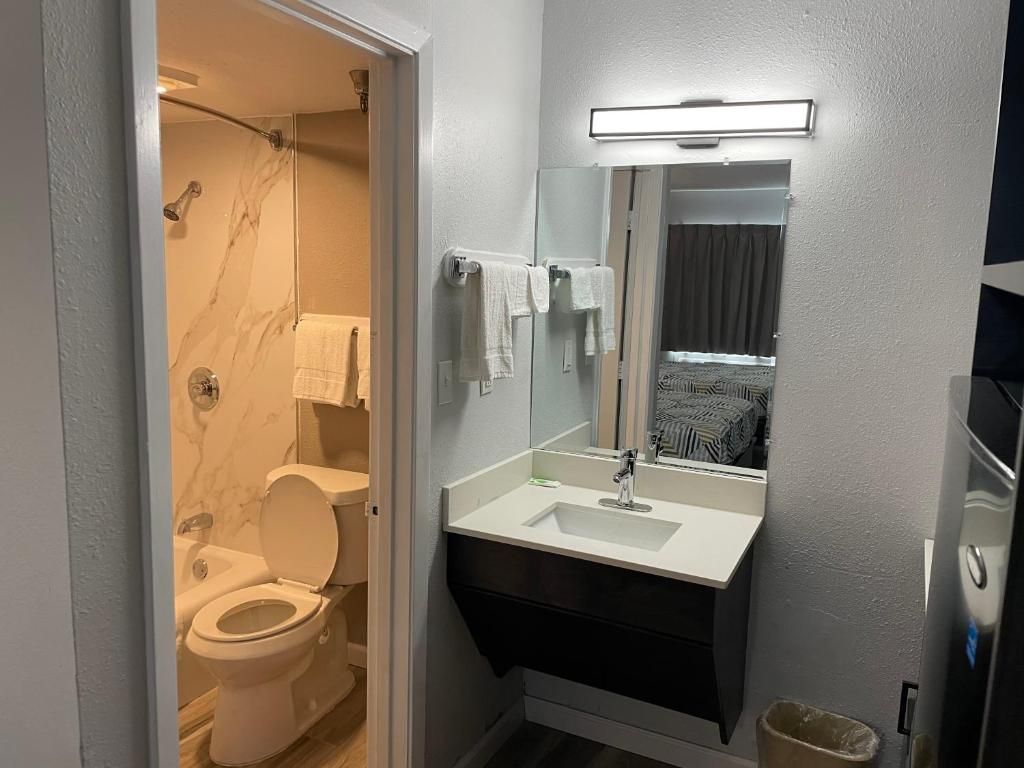 A bathroom with a toilet, sink, mirror, and towel rack.