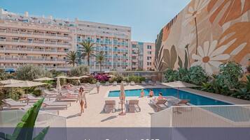 Outdoor pool, open 9:00 AM to 8:00 PM, pool loungers