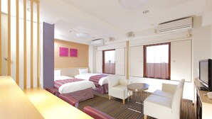 A hotel room with two beds, a desk, a chair, a small table, and a television. - Hotel MyStays Asakusa (Tokyo)