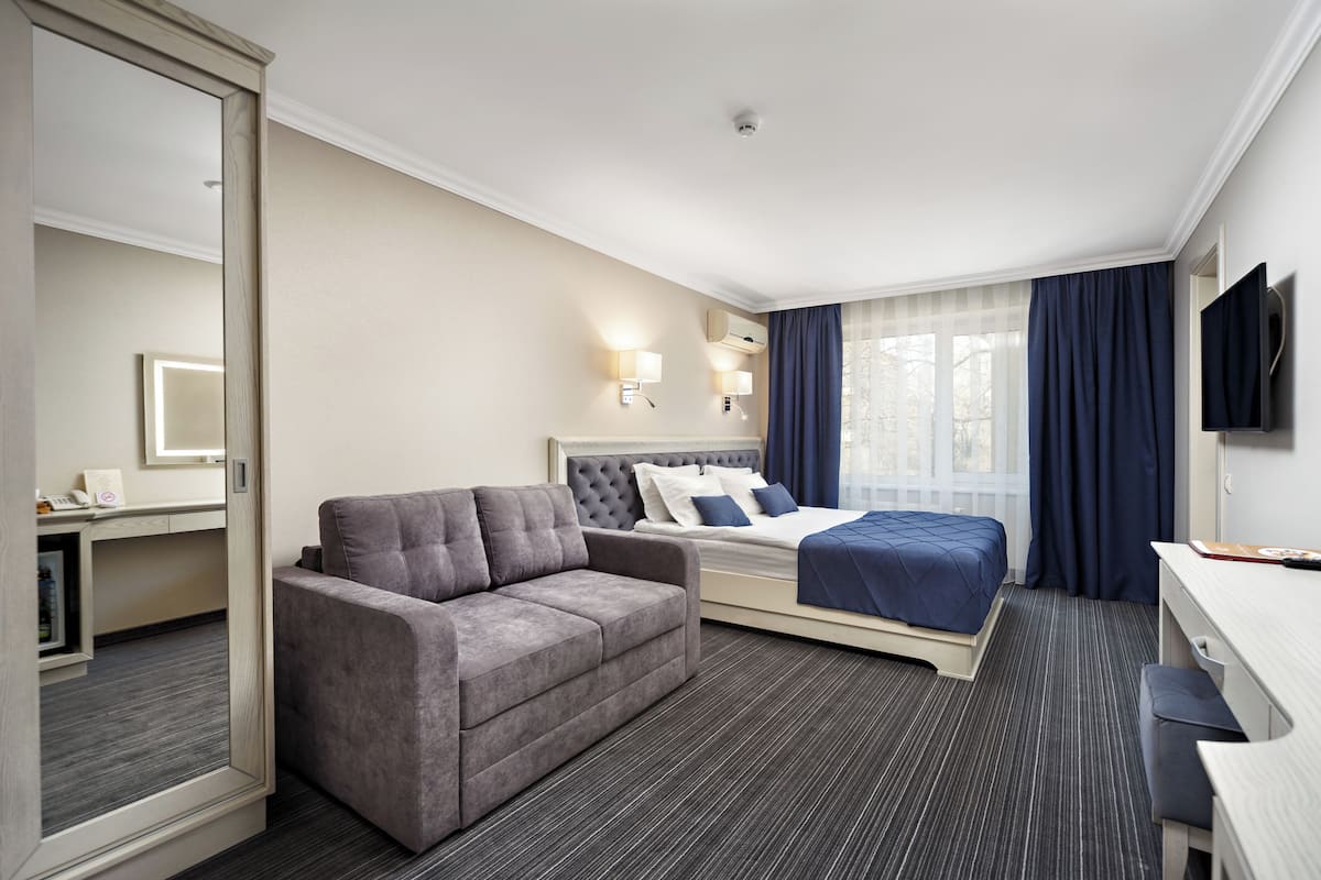 A hotel room with a bed, a sofa, a desk, and a TV.