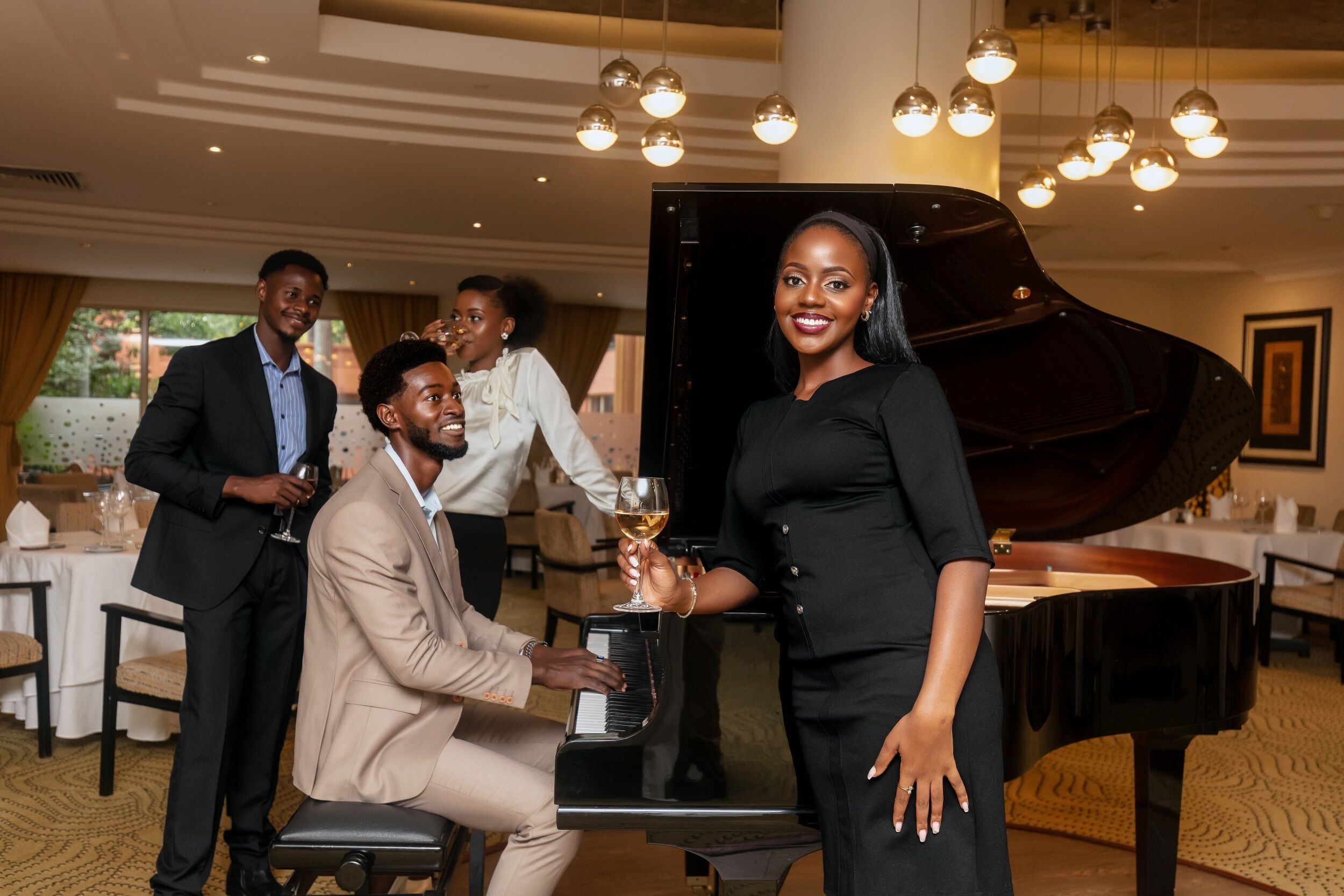 A grand piano in a well-lit room with a group of people around it.