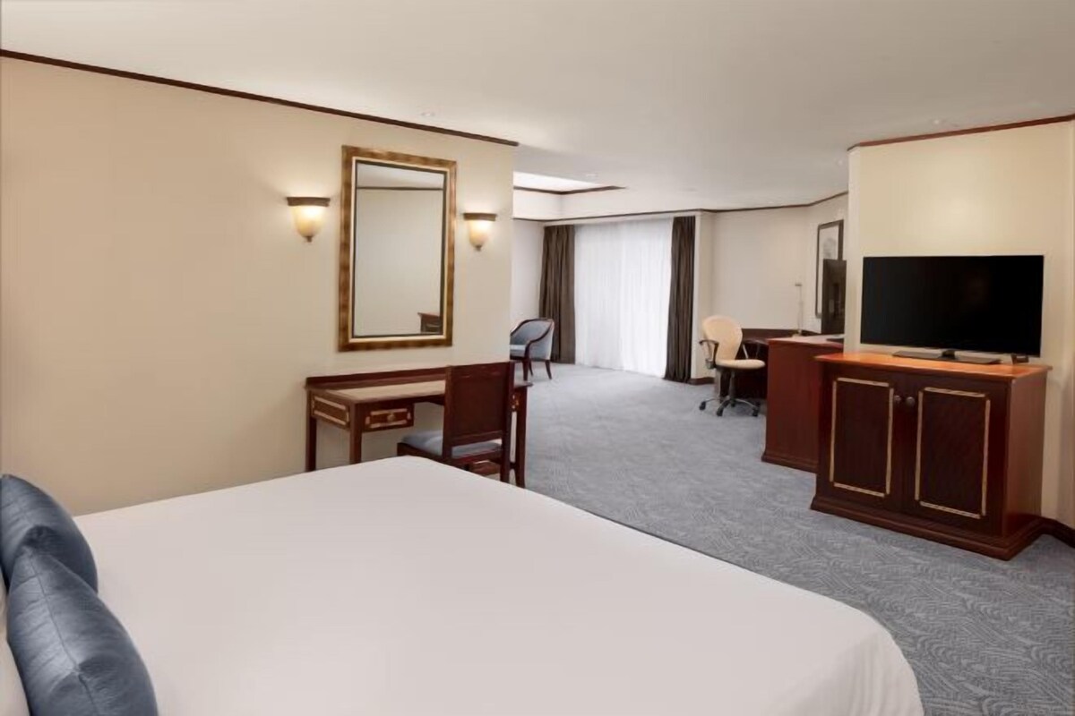 A hotel room with a bed, a desk, a chair, a television, and a large mirror.