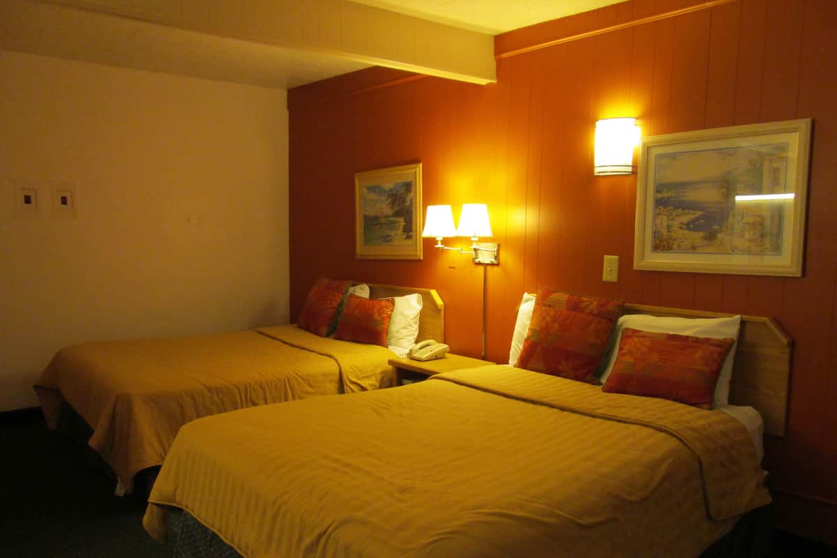A hotel room with two beds, each with a headboard, a bedside table with a lamp, and a phone. There are two wall-mounted lamps and two framed pictures on the wall.