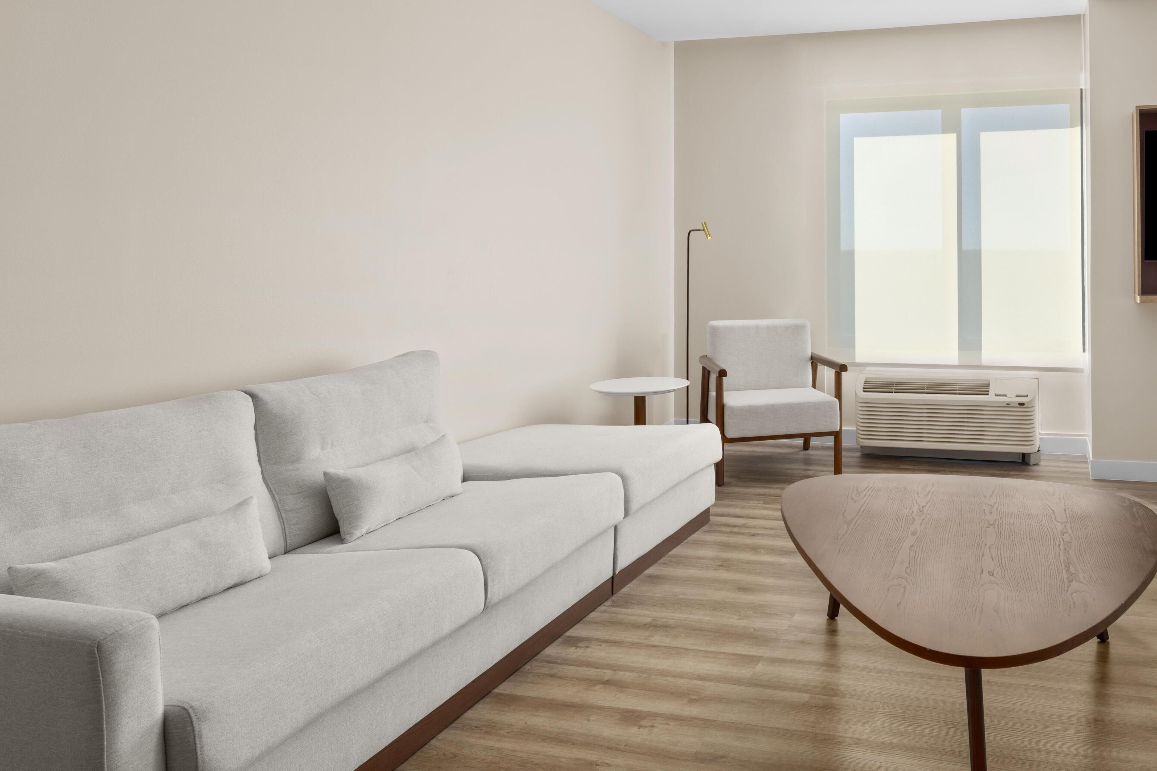 A minimalist living room with a sofa, a coffee table, and a chair.