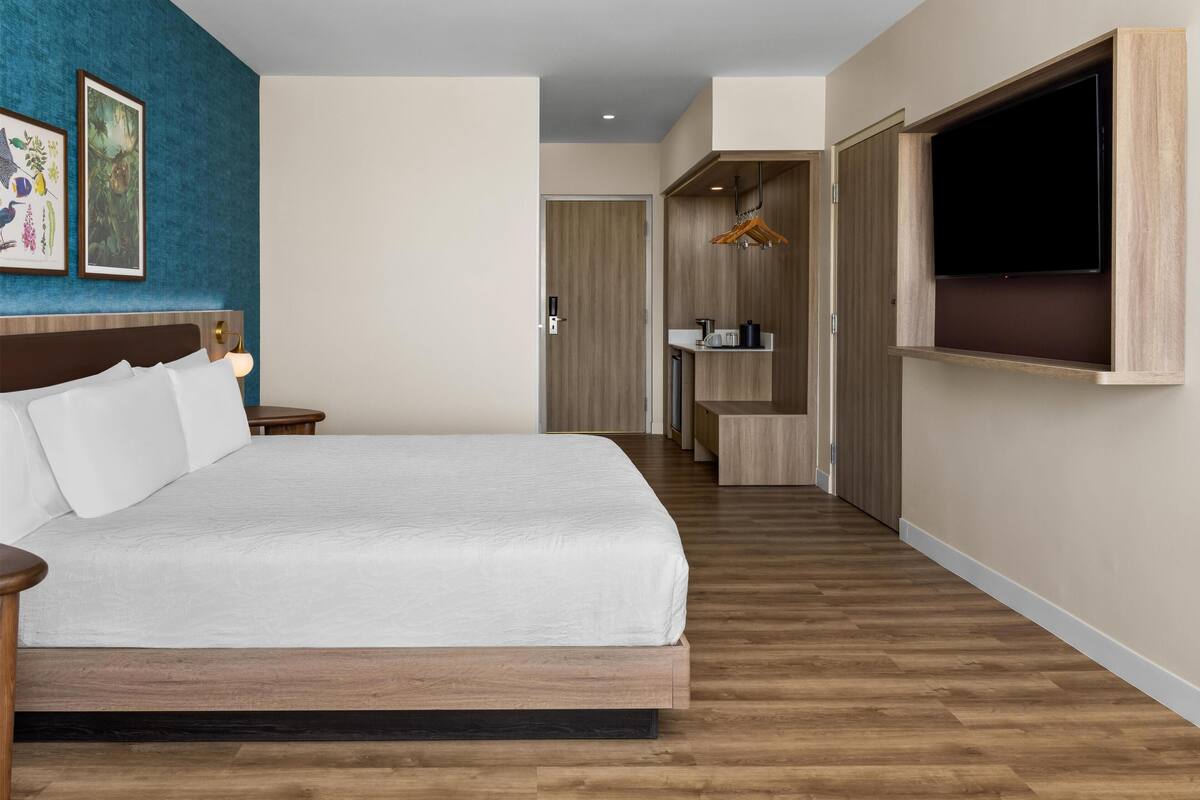 Une chambre d’hôtel moderne dotée d’un grand lit, d’un téléviseur fixé au mur et d’un couloir menant à une petite cuisine.