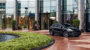 Un edificio moderno con fachada de vidrio, un coche negro estacionado adelante y un área ajardinada con un jardín circular.