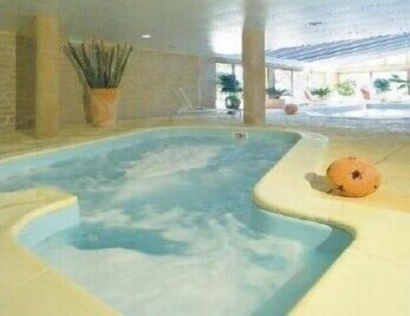 An indoor swimming pool with a curved edge, a hot tub, and a potted plant.