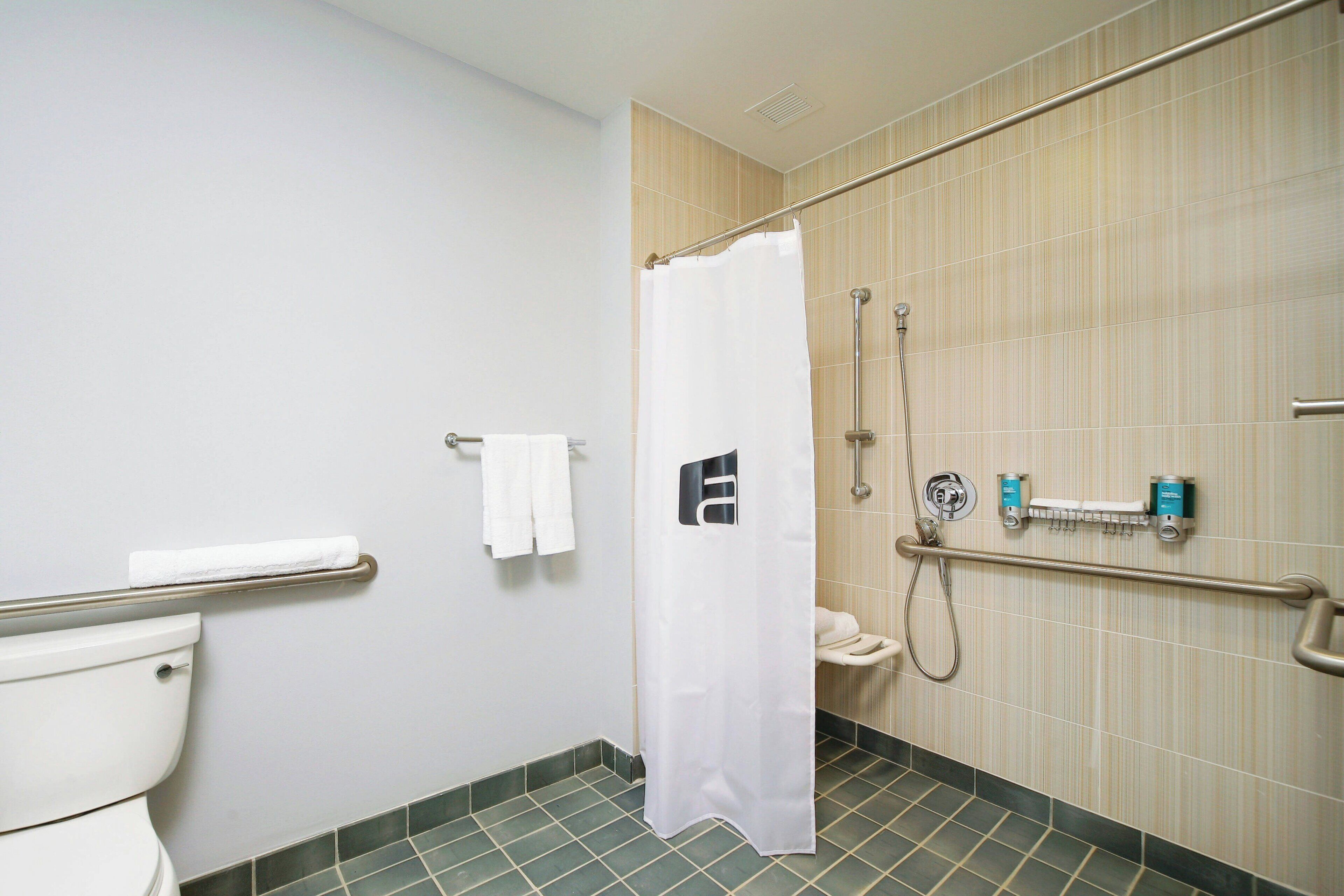 Une salle de bain équipée d’une douche, de toilettes et de barres d’appui.