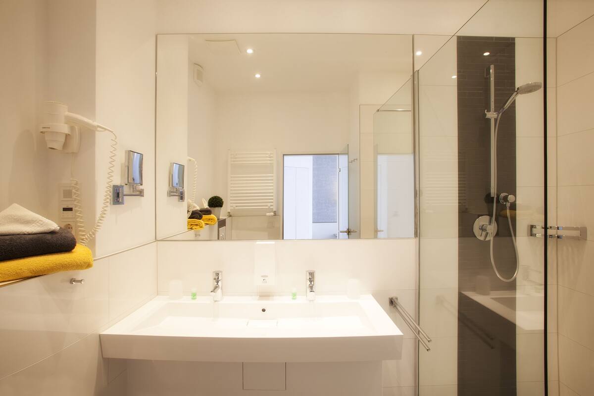 shower, free toiletries, hair dryer, towels