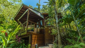 A wooden cabin with a balcony, surrounded by lush tropical vegetation.