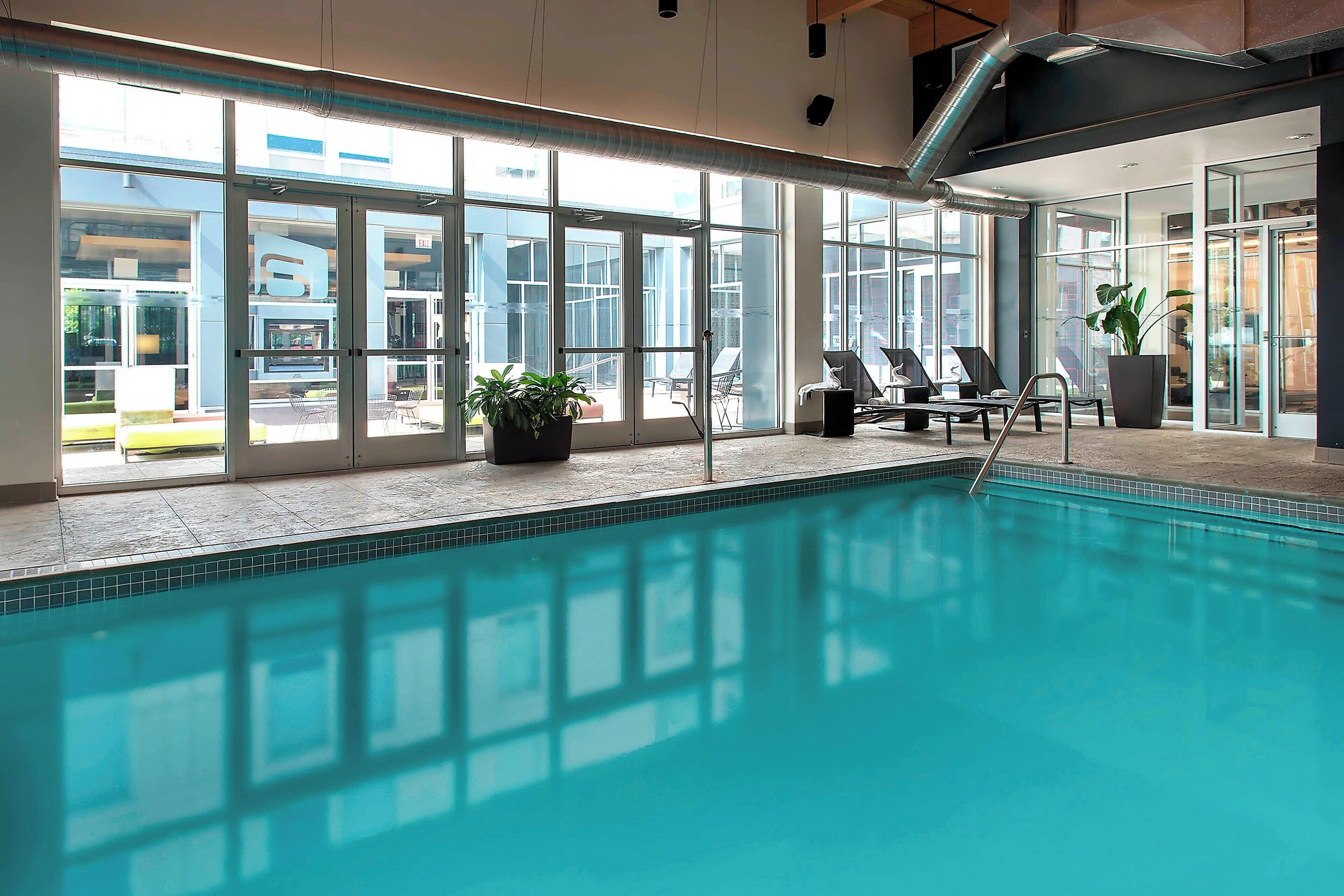 En indendørs swimmingpool med store glasvægge, liggestole og plantekasser.