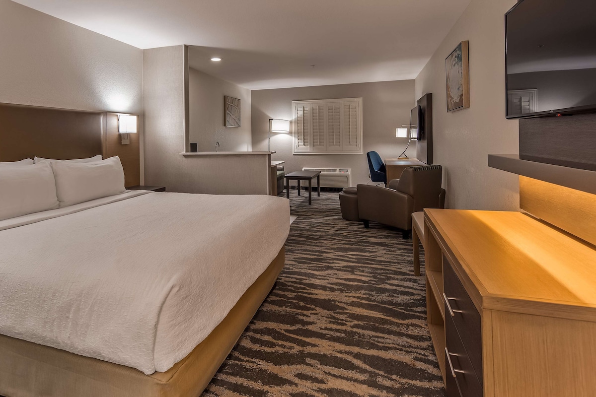 A hotel room with a large bed, a desk, a chair, and a television.