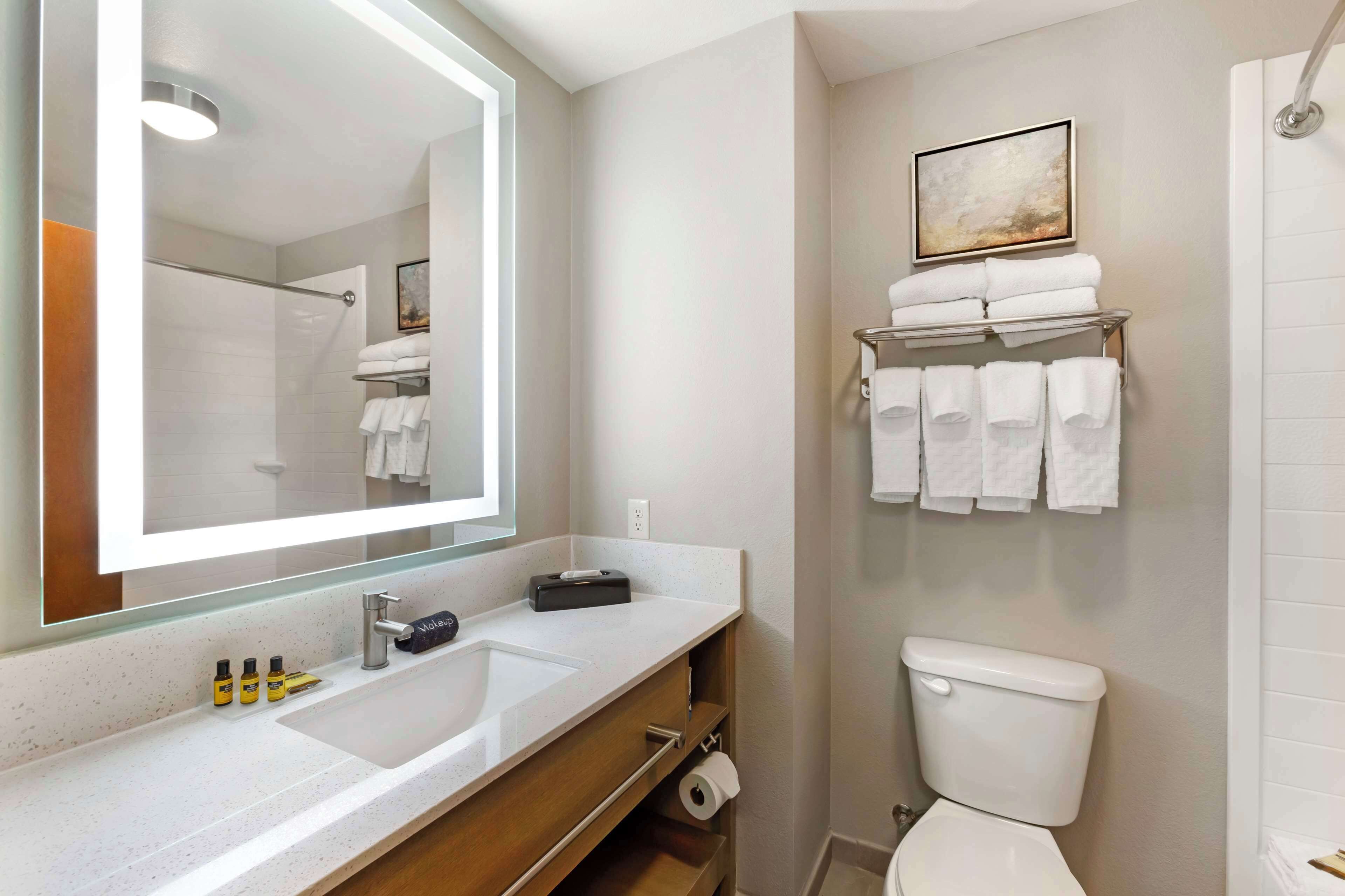 A modern bathroom with a large mirror, white sink, and a toilet. There are towels on a rack and a framed picture on the wall.