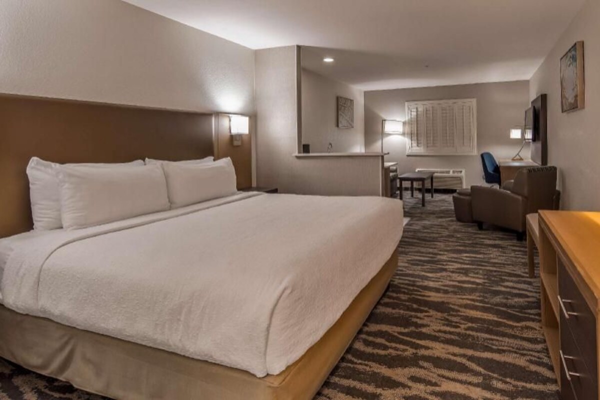 A hotel room with a large bed, a desk, a chair, and a television.