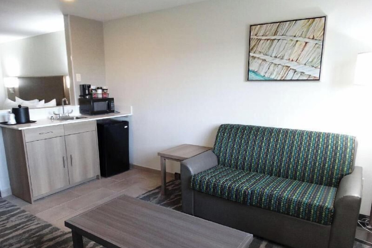 A compact living space with a kitchenette, a sofa, a coffee table, and a patterned wall hanging.