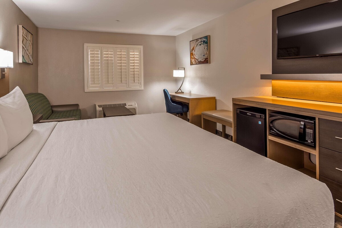 A hotel room with a large bed, a desk with a microwave, a chair, a lamp, and a TV on the wall.
