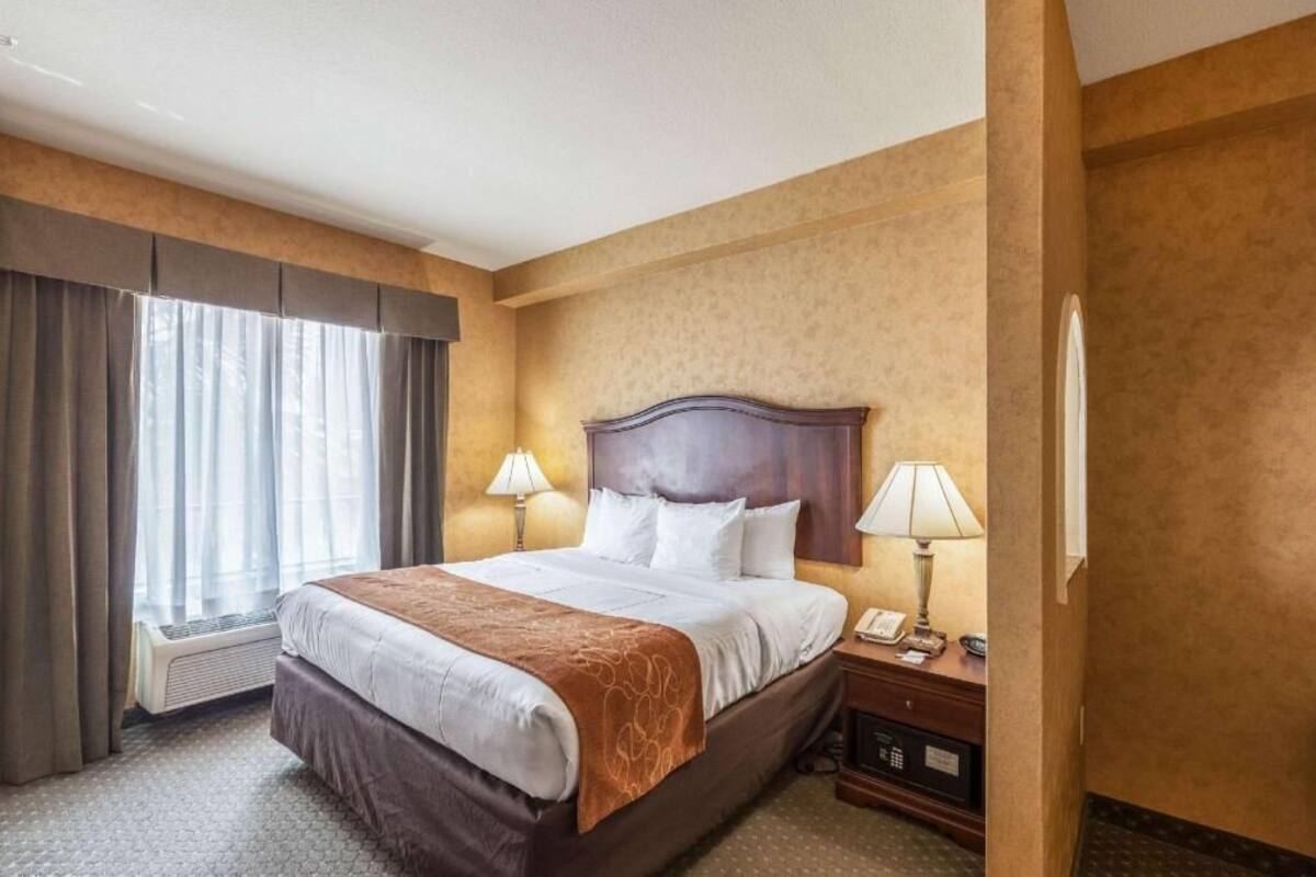 Une chambre d’hôtel avec un grand lit, deux lampes de chevet, un téléphone et une fenêtre avec des rideaux.