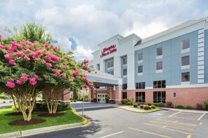 A Hampton Inn & Suites hotel with a clear entrance, parking lot, and a landscaped area with pink flowering trees.
