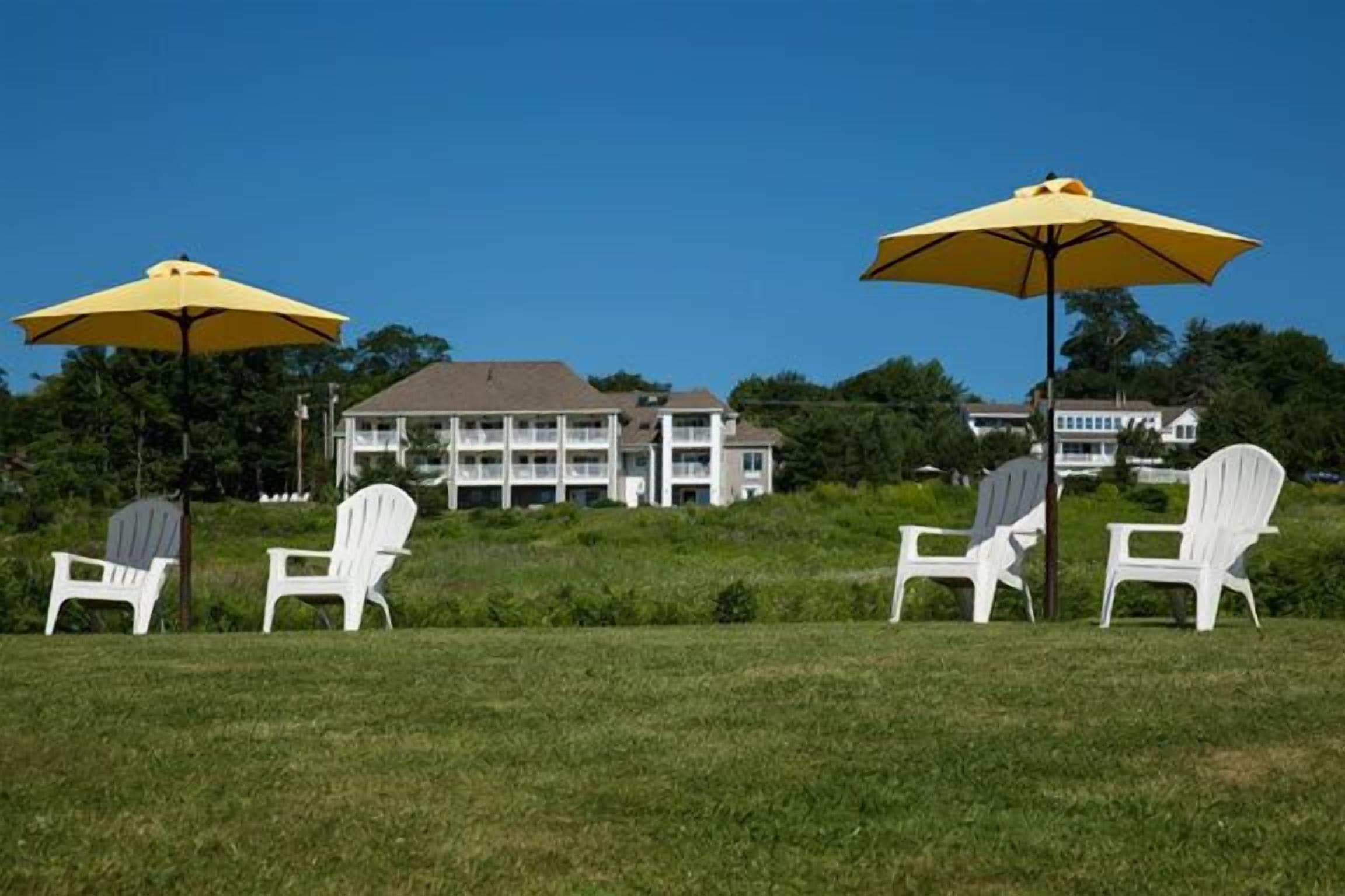 A grassy area with white Adirondack chairs and yellow umbrellas, a building with multiple balconies in the background.