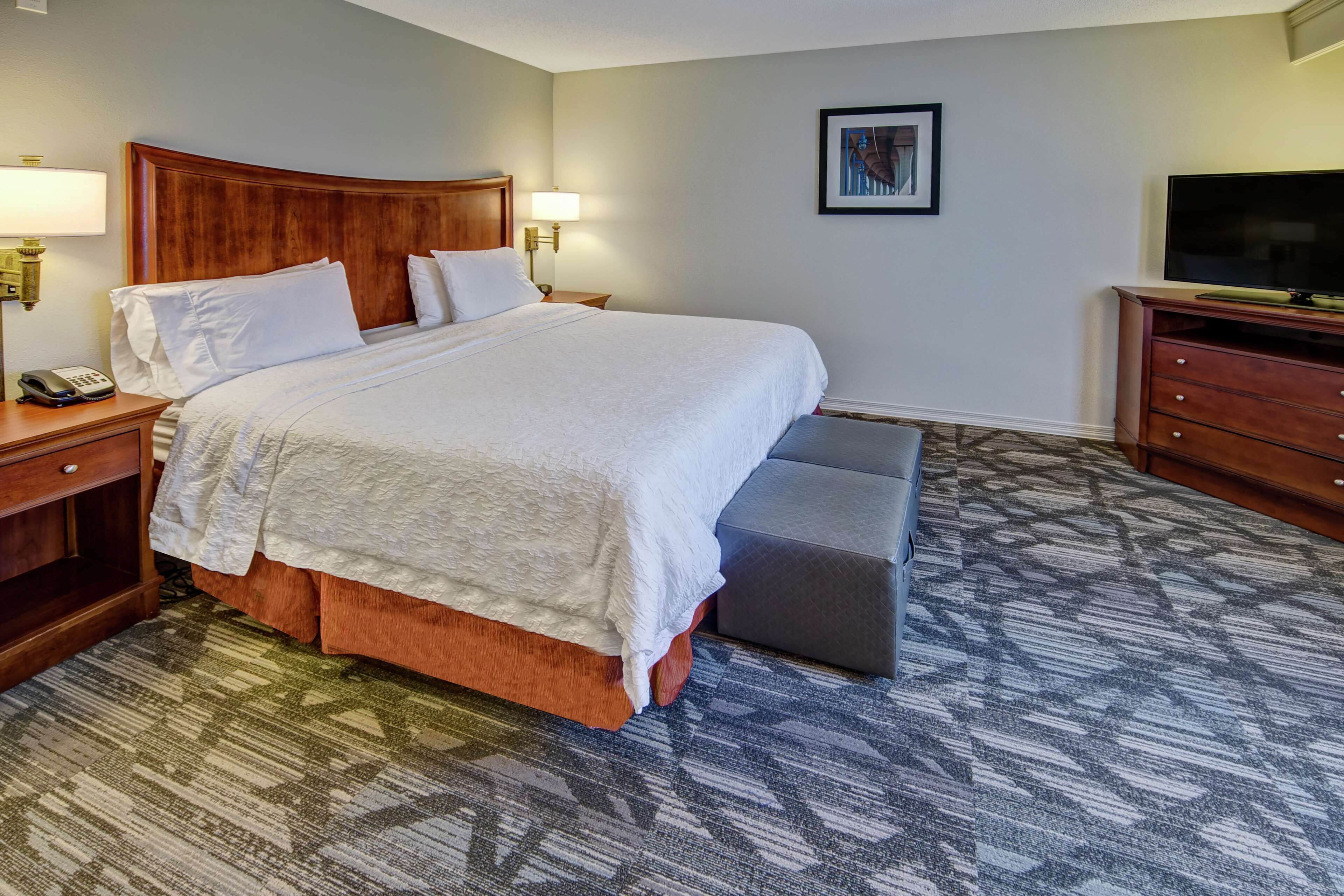 A hotel room with a large bed, bedside tables with lamps, a television, and a patterned carpet.