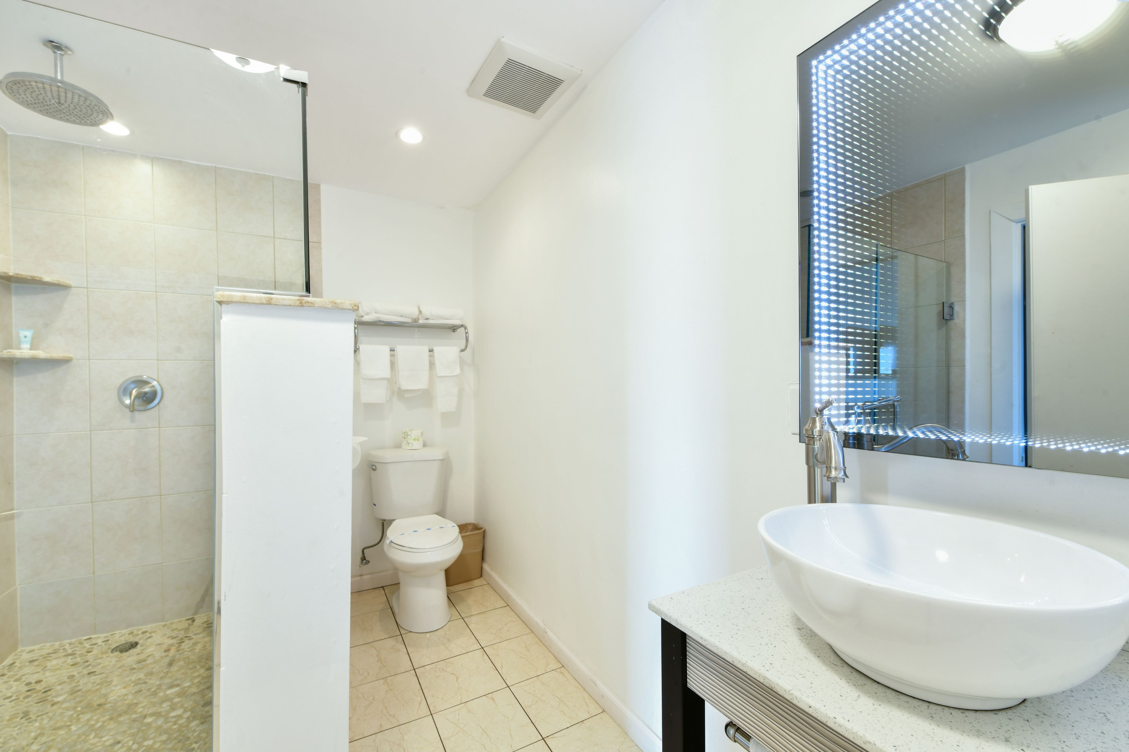 A modern bathroom with a freestanding bathtub, a toilet, and a shower area.