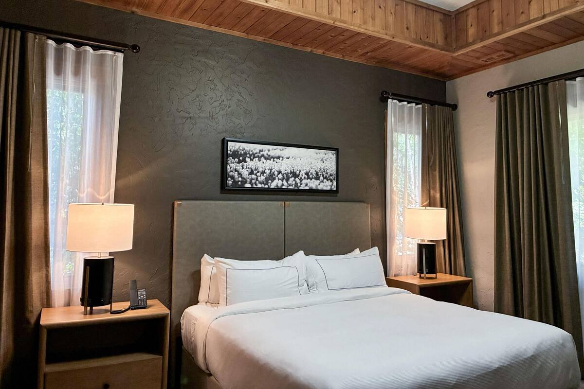 Una habitación de hotel con una cama, dos mesitas de noche con lámparas, un teléfono, un cuadro en la pared y cortinas en las ventanas.