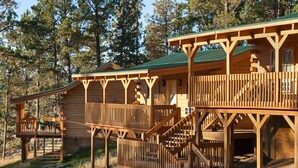 A wooden cabin with a balcony and stairs, surrounded by trees. - Rock Crest Lodge And Cabins (Custer)