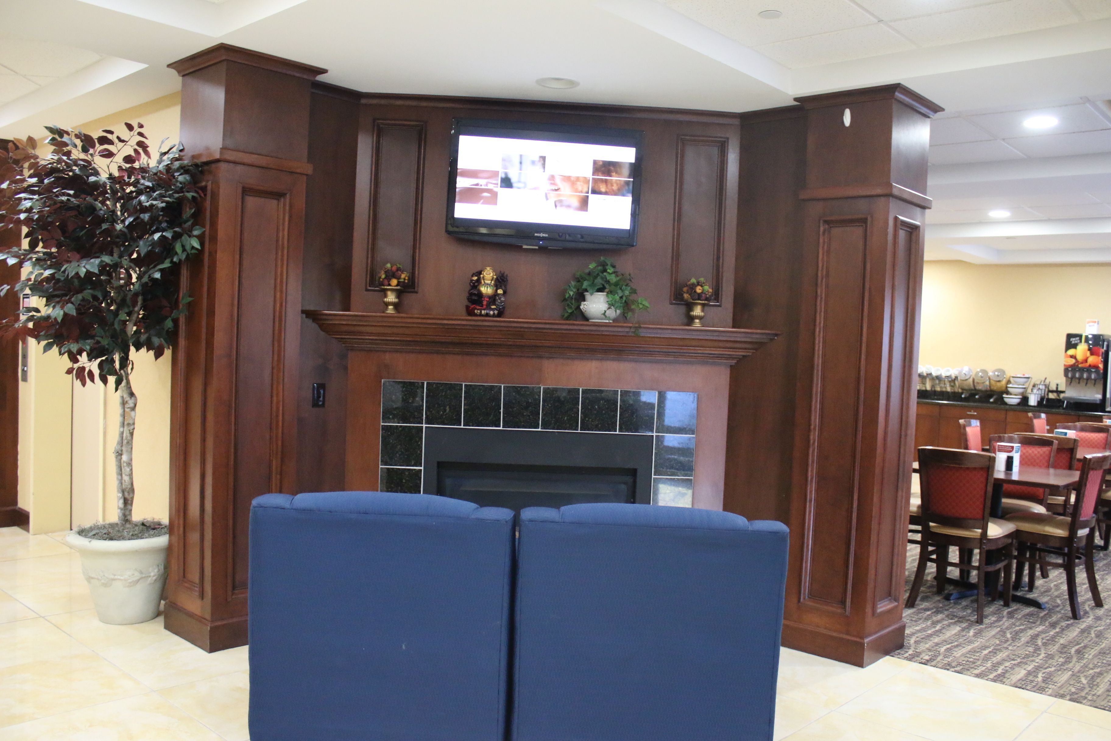 Un hall con chimenea, un televisor montado encima y zonas de estar.