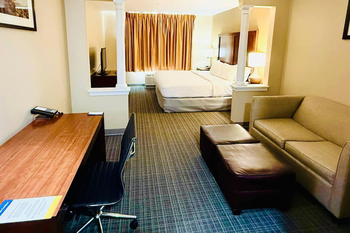 A hotel room with a bed, a sofa, a desk, and a chair.