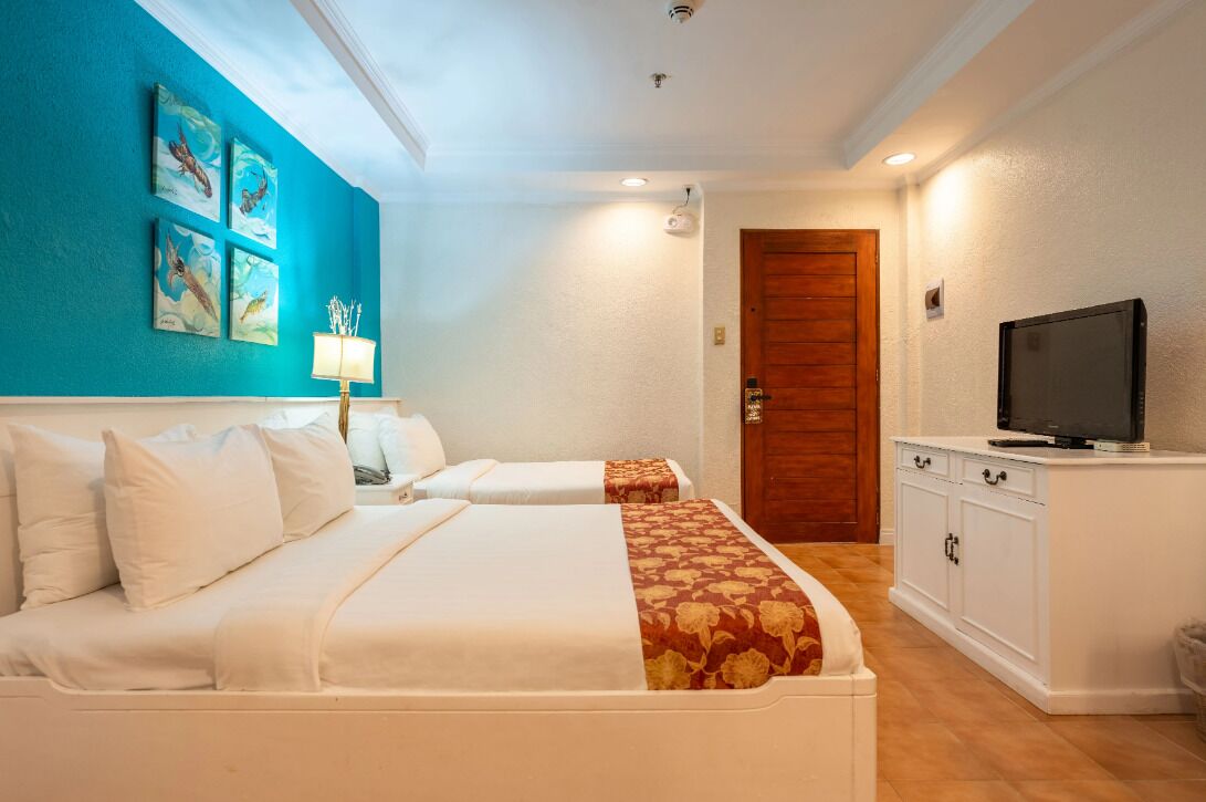 A hotel room with a bed, a TV, a cabinet, and a door.