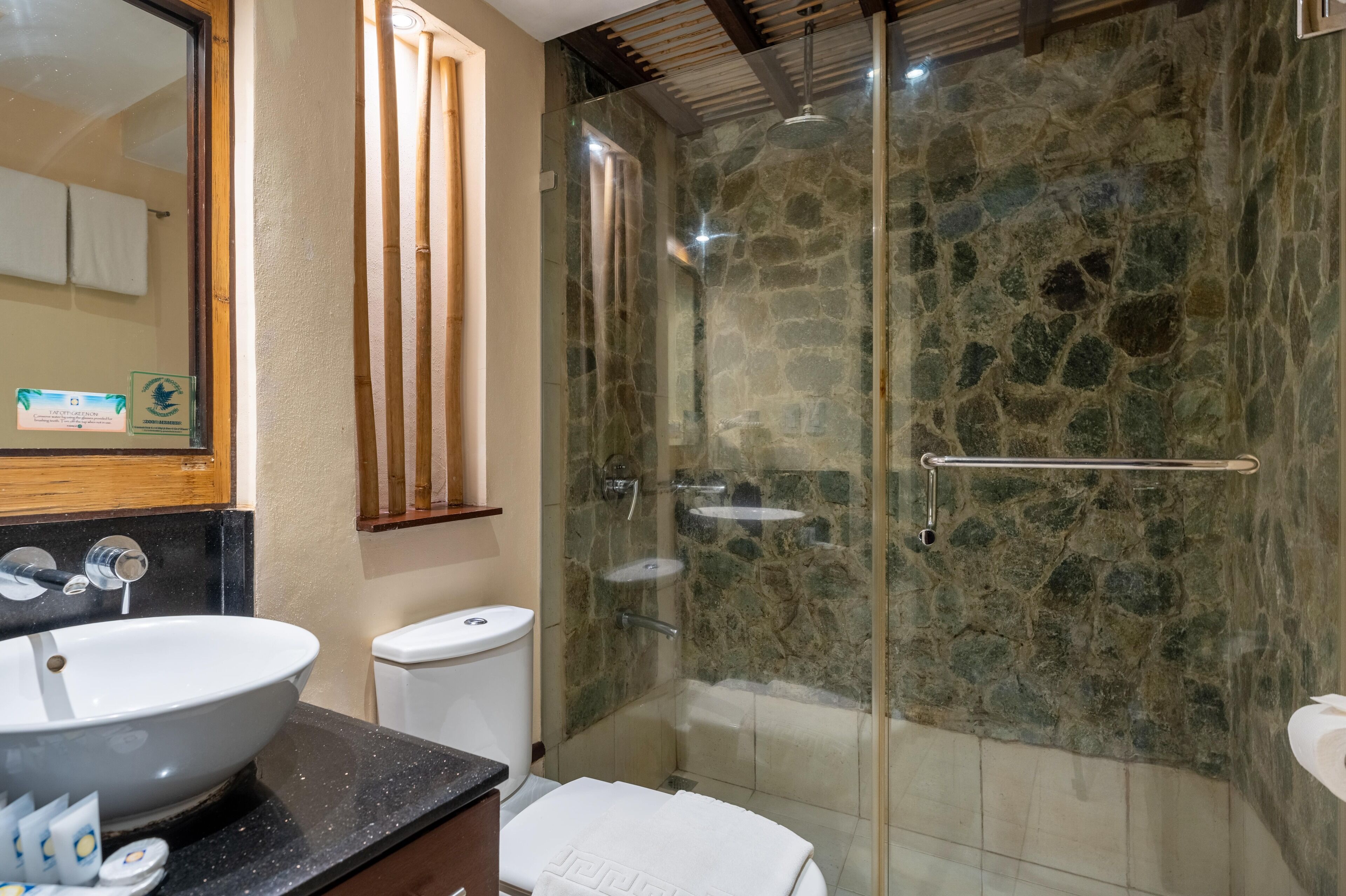 A bathroom with a stone shower enclosure, a sink, and a toilet.