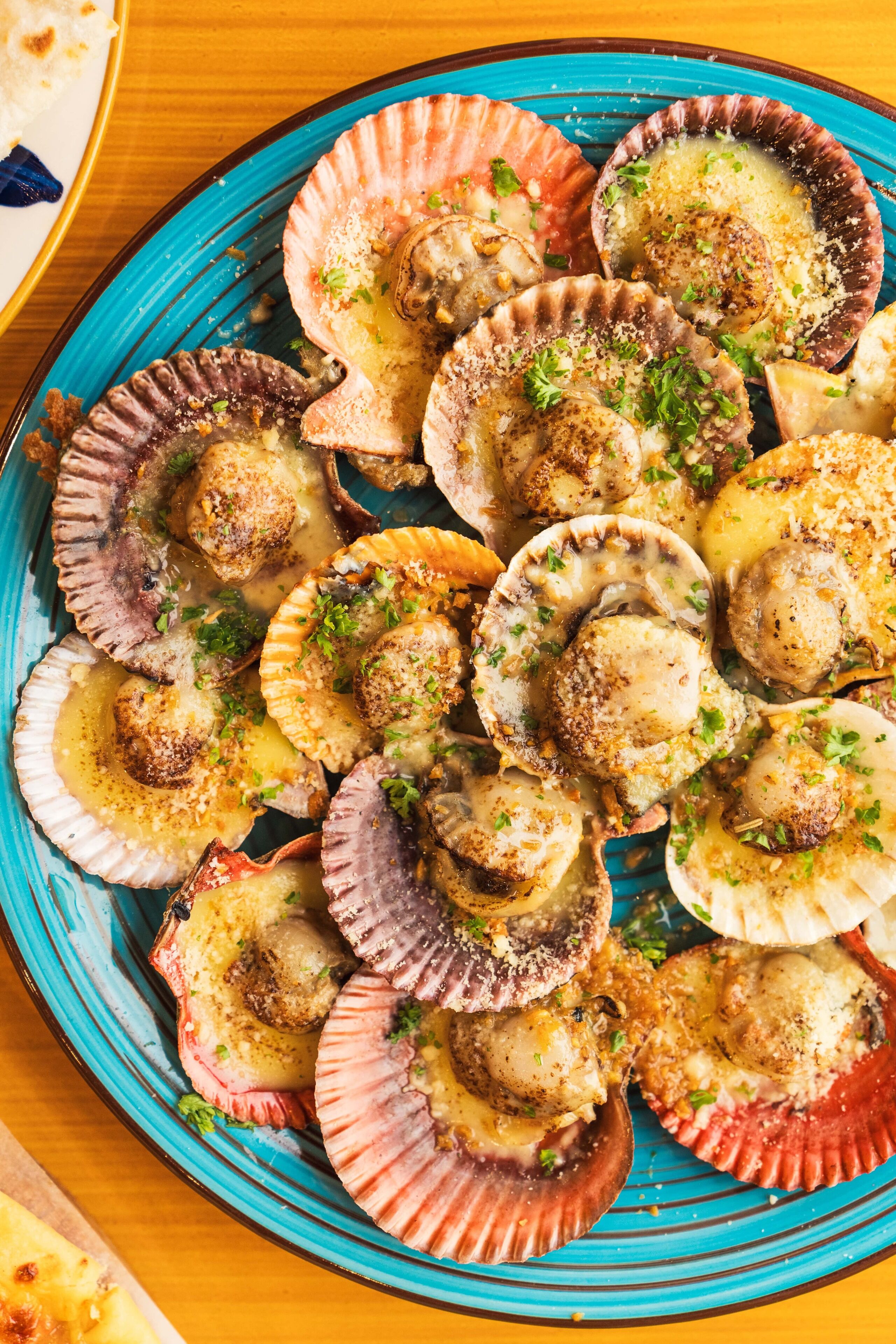 A plate of cooked scallops garnished with herbs.