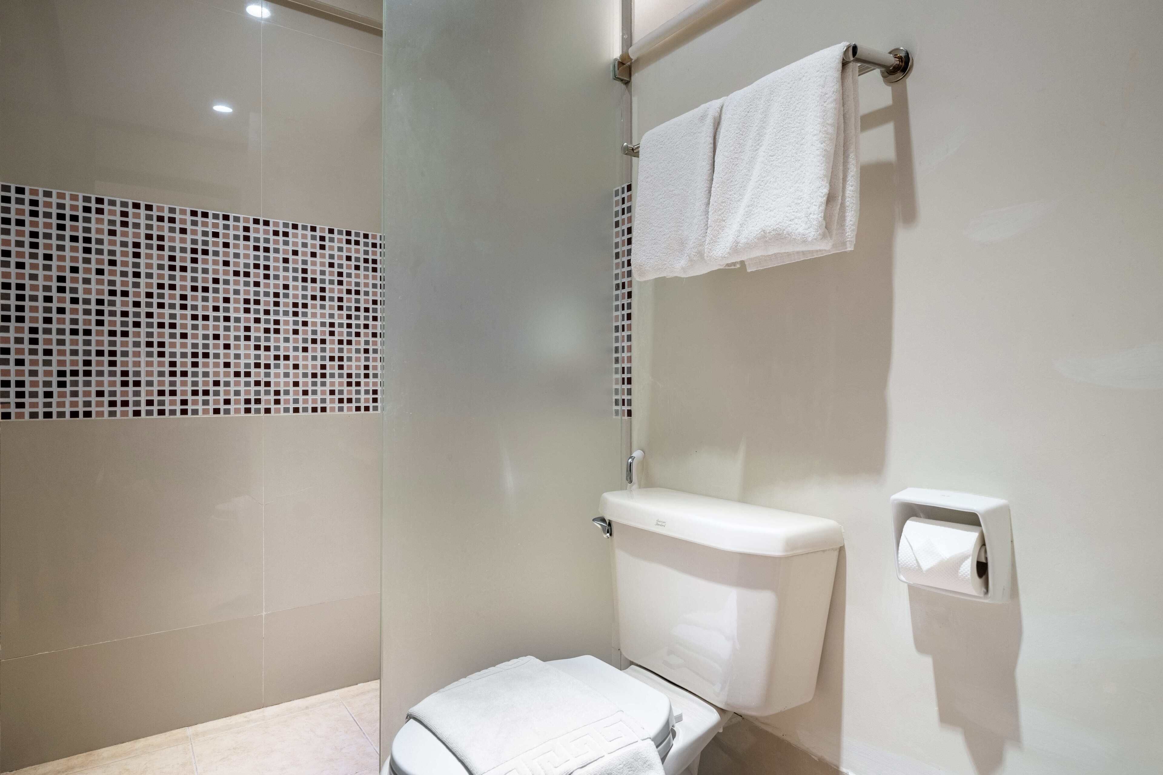 Ein modernes Badezimmer mit Toilette, Dusche und Handtuchhalter.