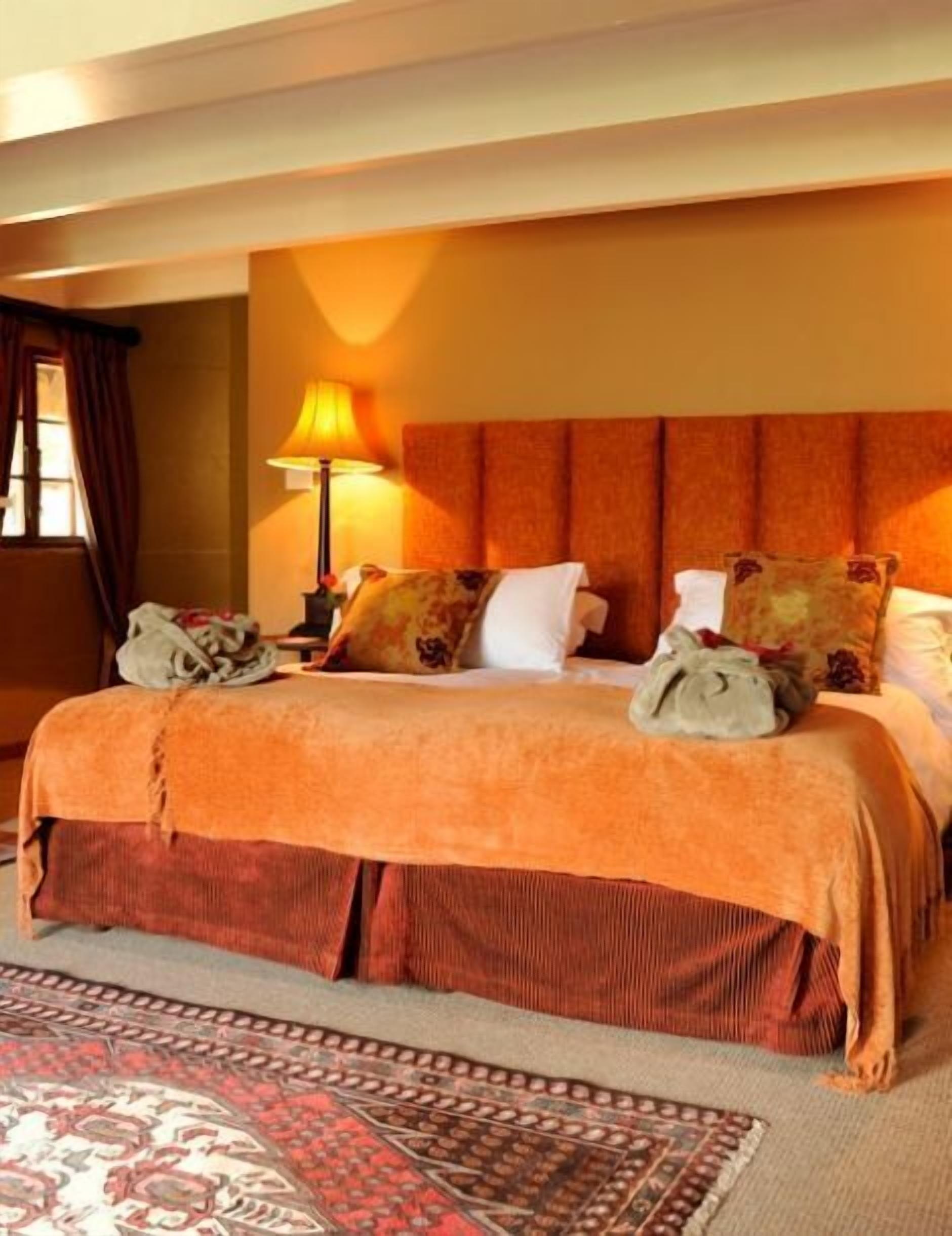 A hotel room with a large bed, a headboard, a lamp, and a patterned rug.