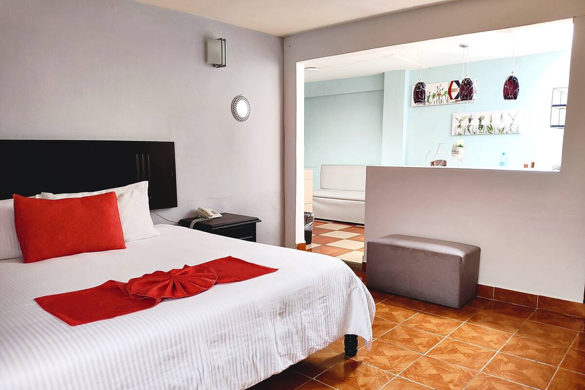 Une chambre d’hôtel avec un lit, une table de chevet avec un téléphone, un oreiller rouge, une petite chaise et un luminaire fixé au mur.