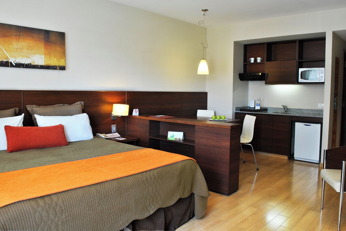 Une chambre d’hôtel avec un lit, un bureau, une kitchenette et un tableau au mur.