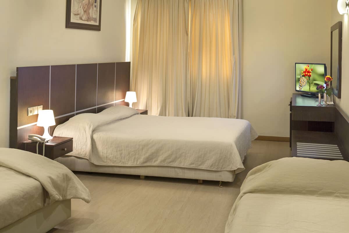 A hotel room with two beds, a bedside table with a lamp, a TV, and a small desk with a vase of flowers.