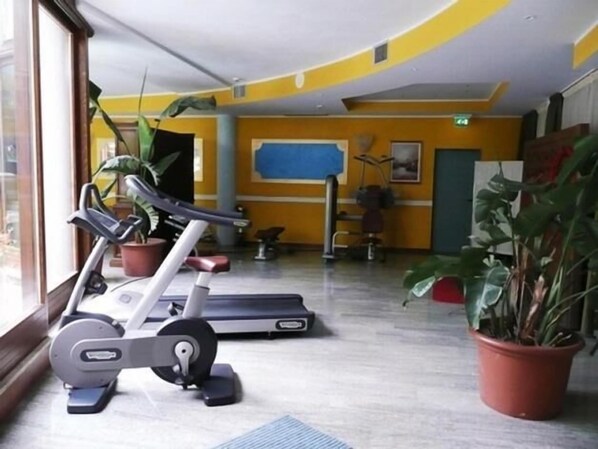 A gym with exercise equipment, potted plants, and a blue wall. - Hotel Alexander (Limone sul Garda)