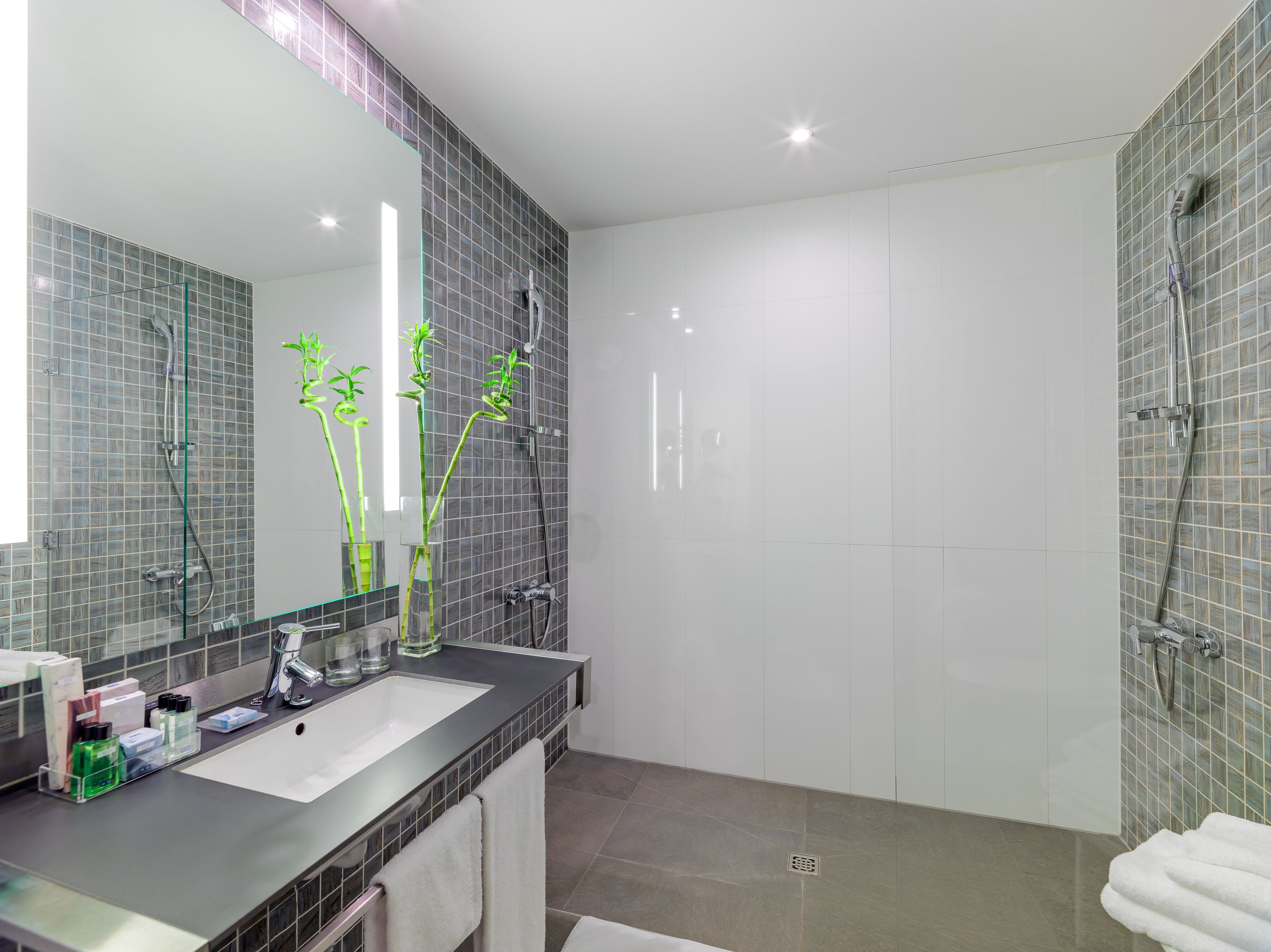 Une salle de bain moderne avec un grand miroir, deux lavabos, une douche et des toilettes.