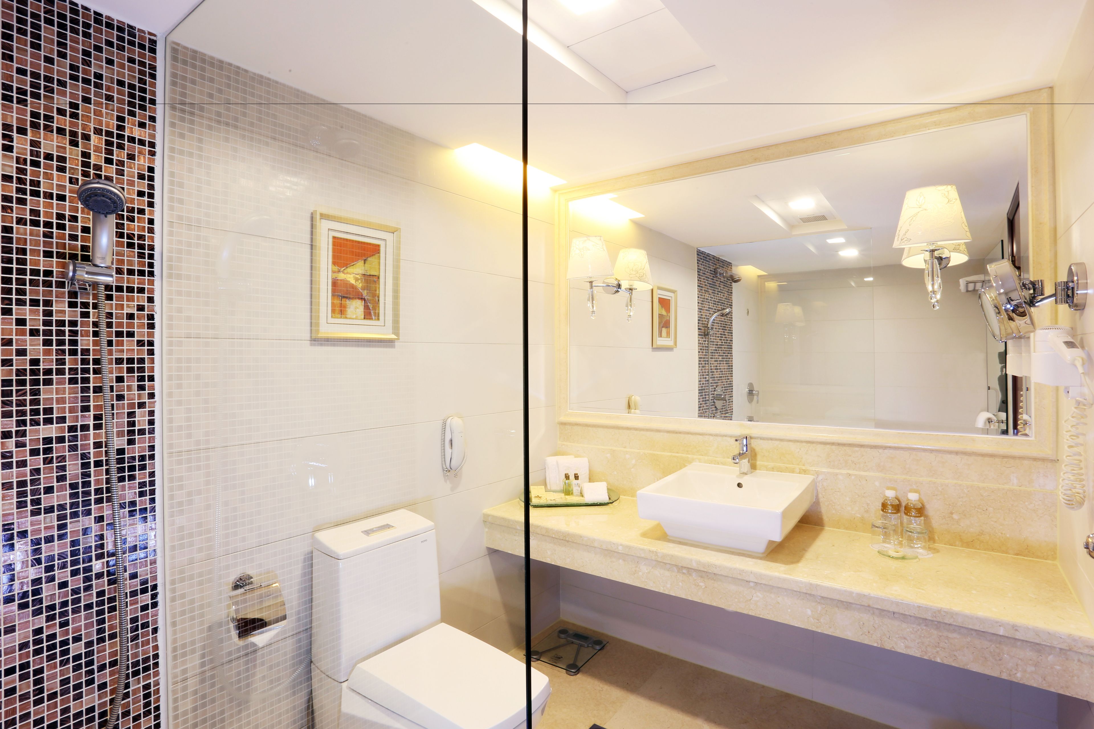 free toiletries, hair dryer, slippers, towels