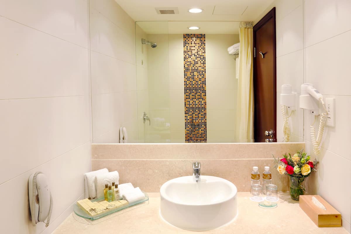 free toiletries, hair dryer, slippers, towels