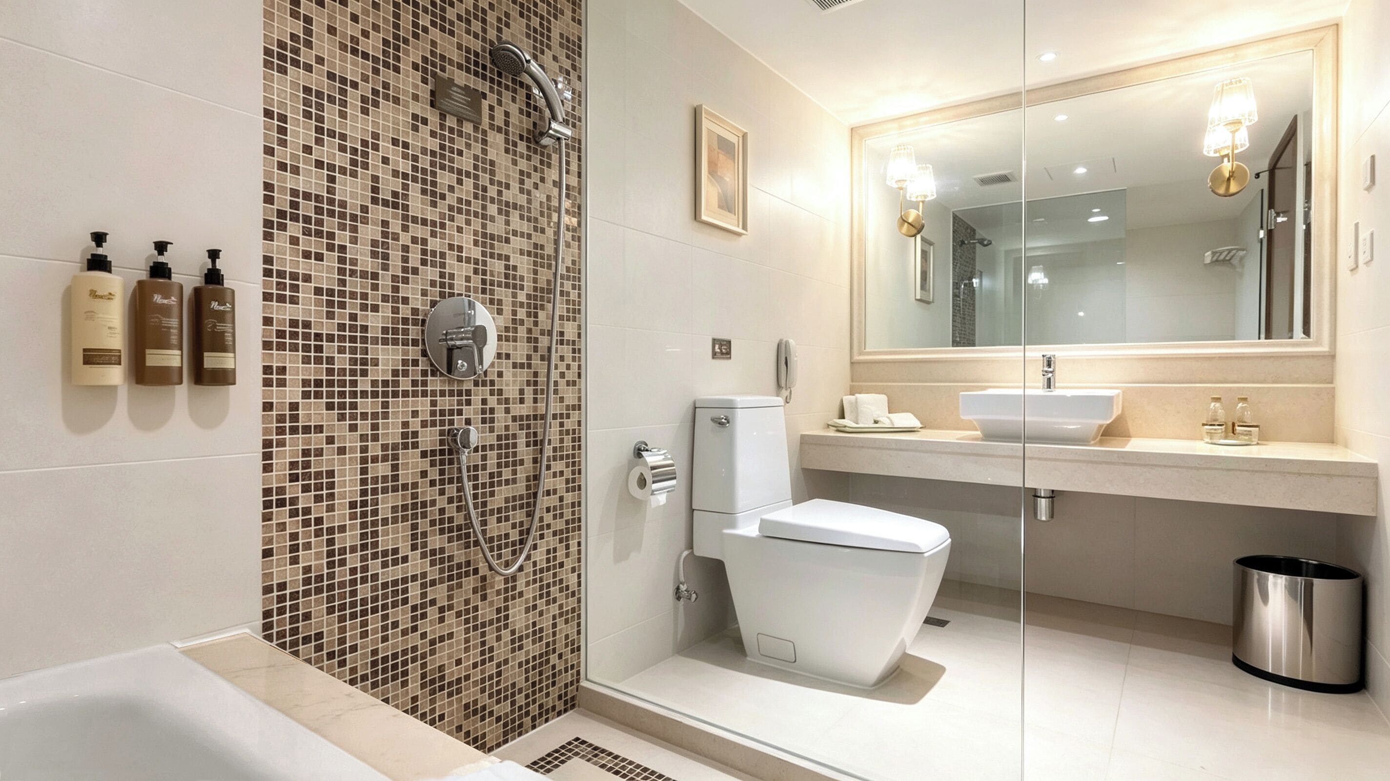 A modern bathroom with a shower, toilet, and sink.