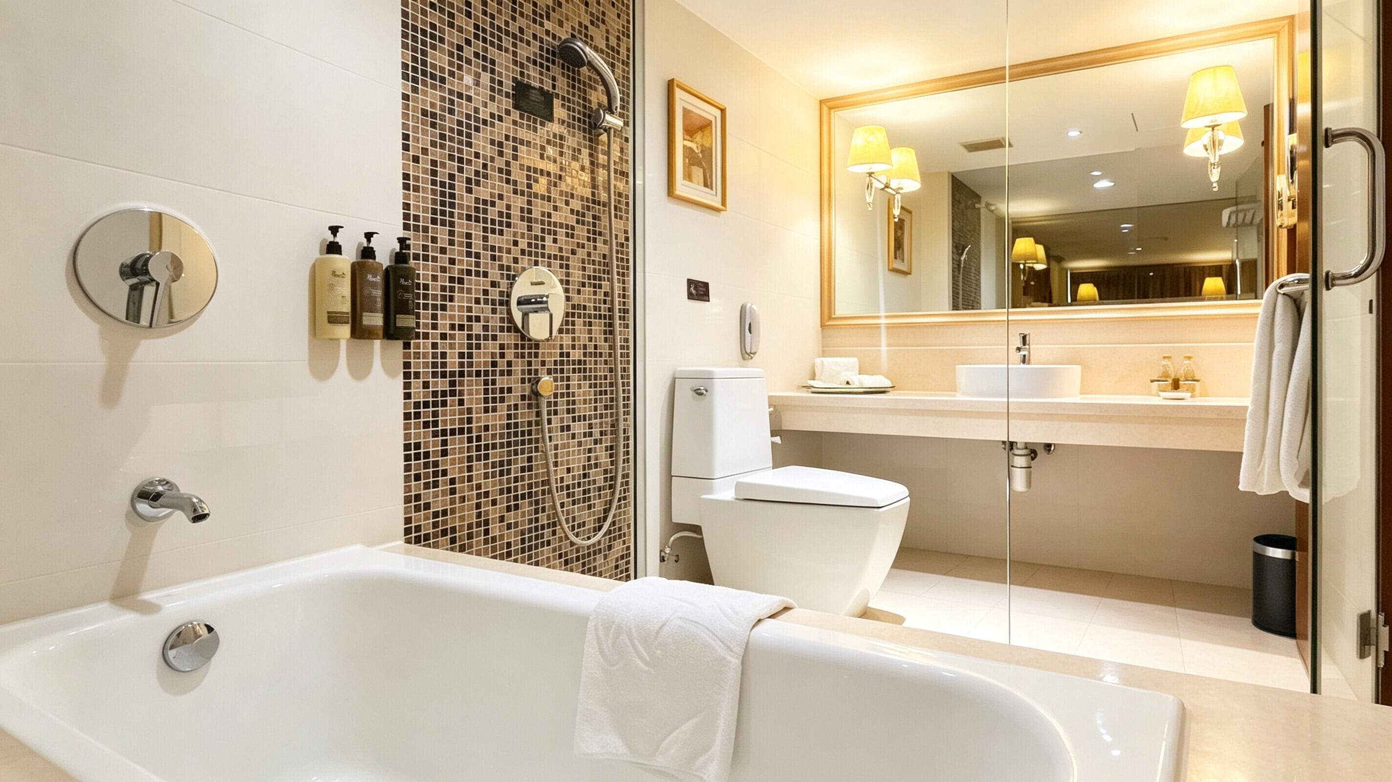 A modern bathroom with a bathtub, toilet, and shower area.