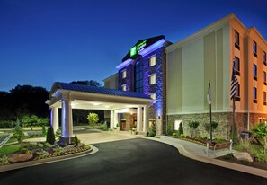 A hotel entrance with a covered driveway, a landscaped garden, and a flagpole. - Holiday Inn Express Hotel & Suites Fairburn by IHG (Fairburn)