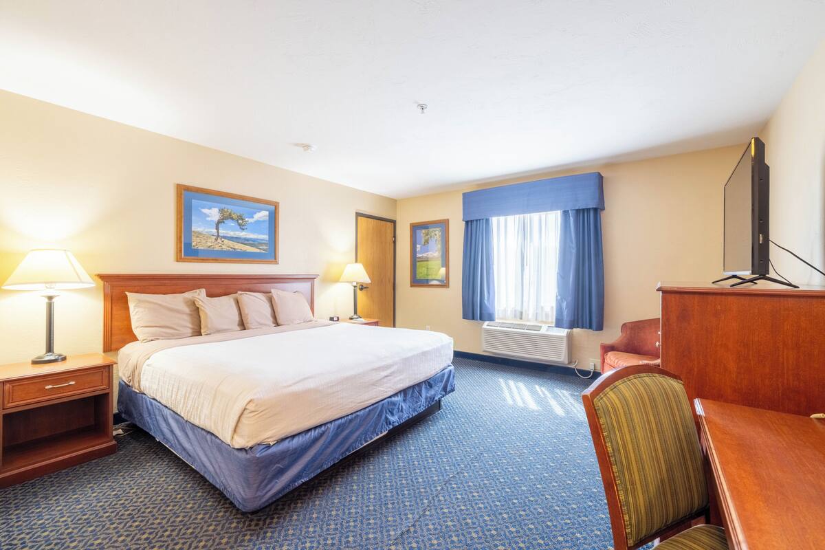 A hotel room with a bed, two bedside tables, a desk, a chair, a flat-screen TV, and a window with curtains.